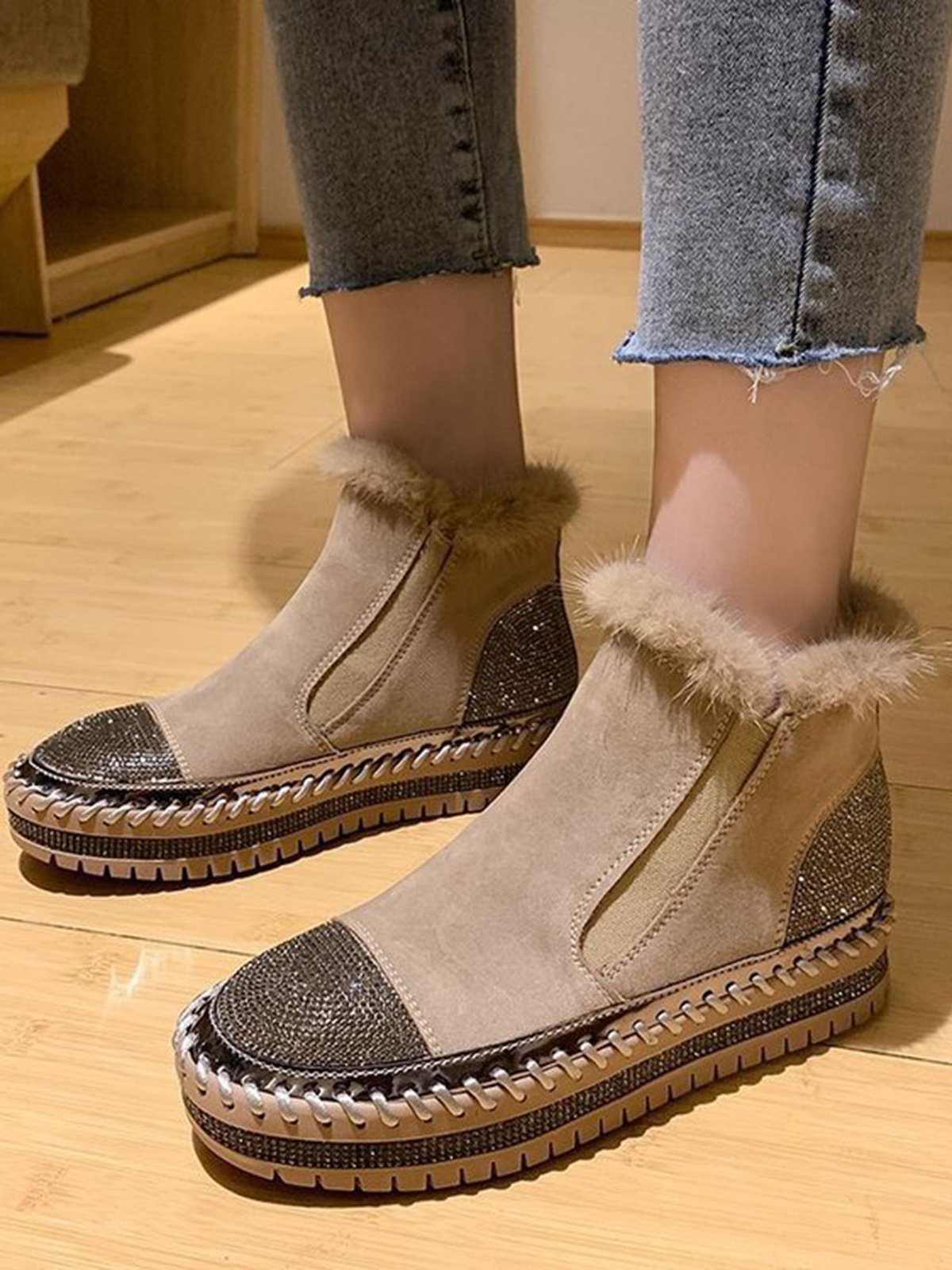 Rhinestone Split Joint Warm Fur Lined Slip on Ankle Boots