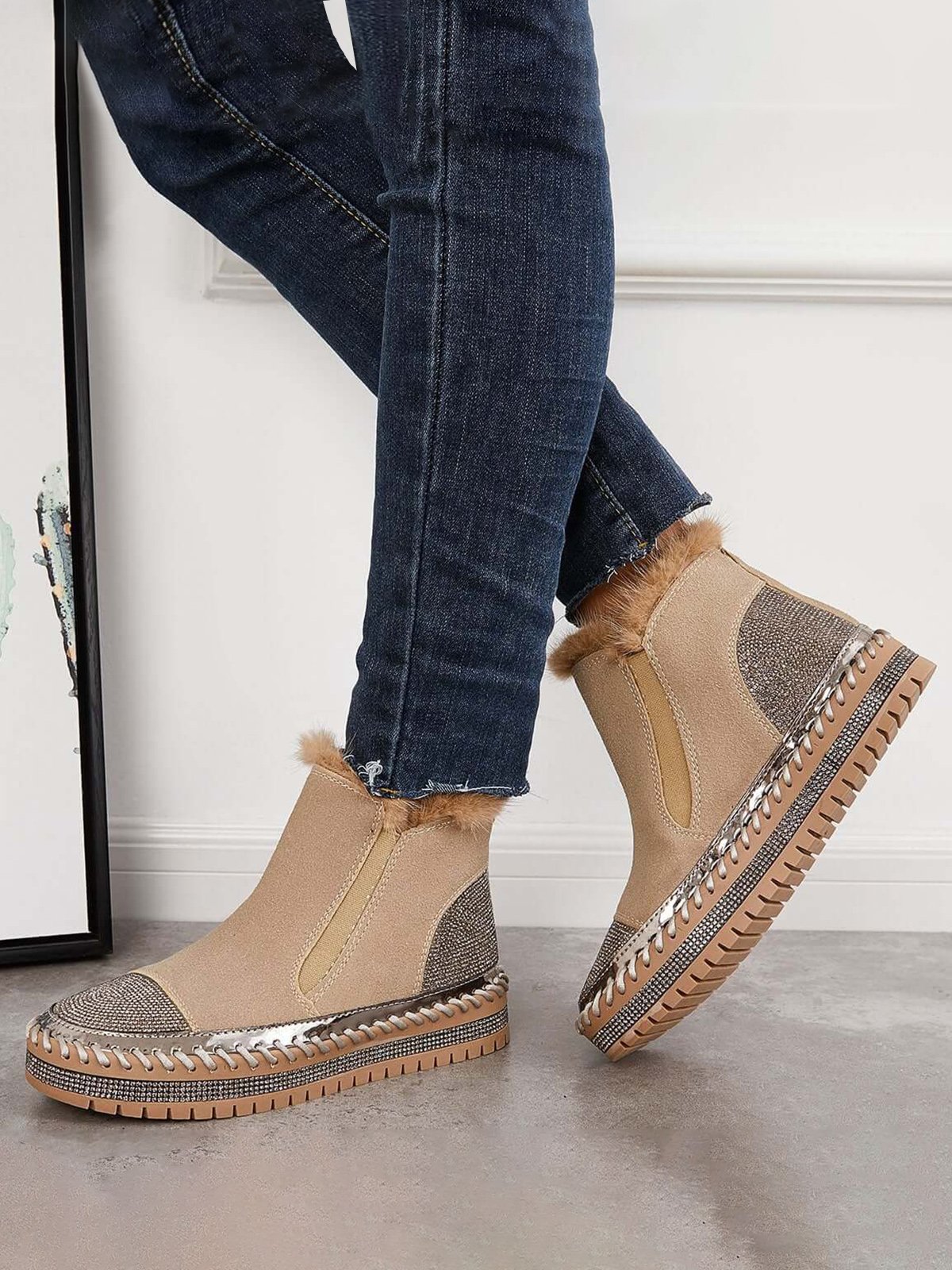 Rhinestone Split Joint Warm Fur Lined Slip on Ankle Boots