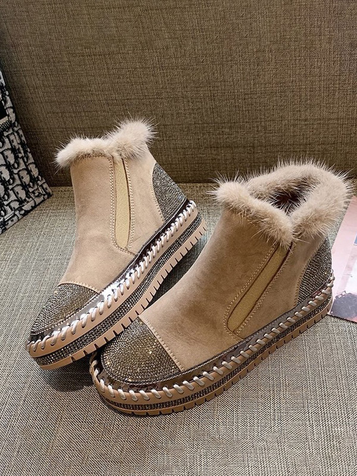 Rhinestone Split Joint Warm Fur Lined Slip on Ankle Boots
