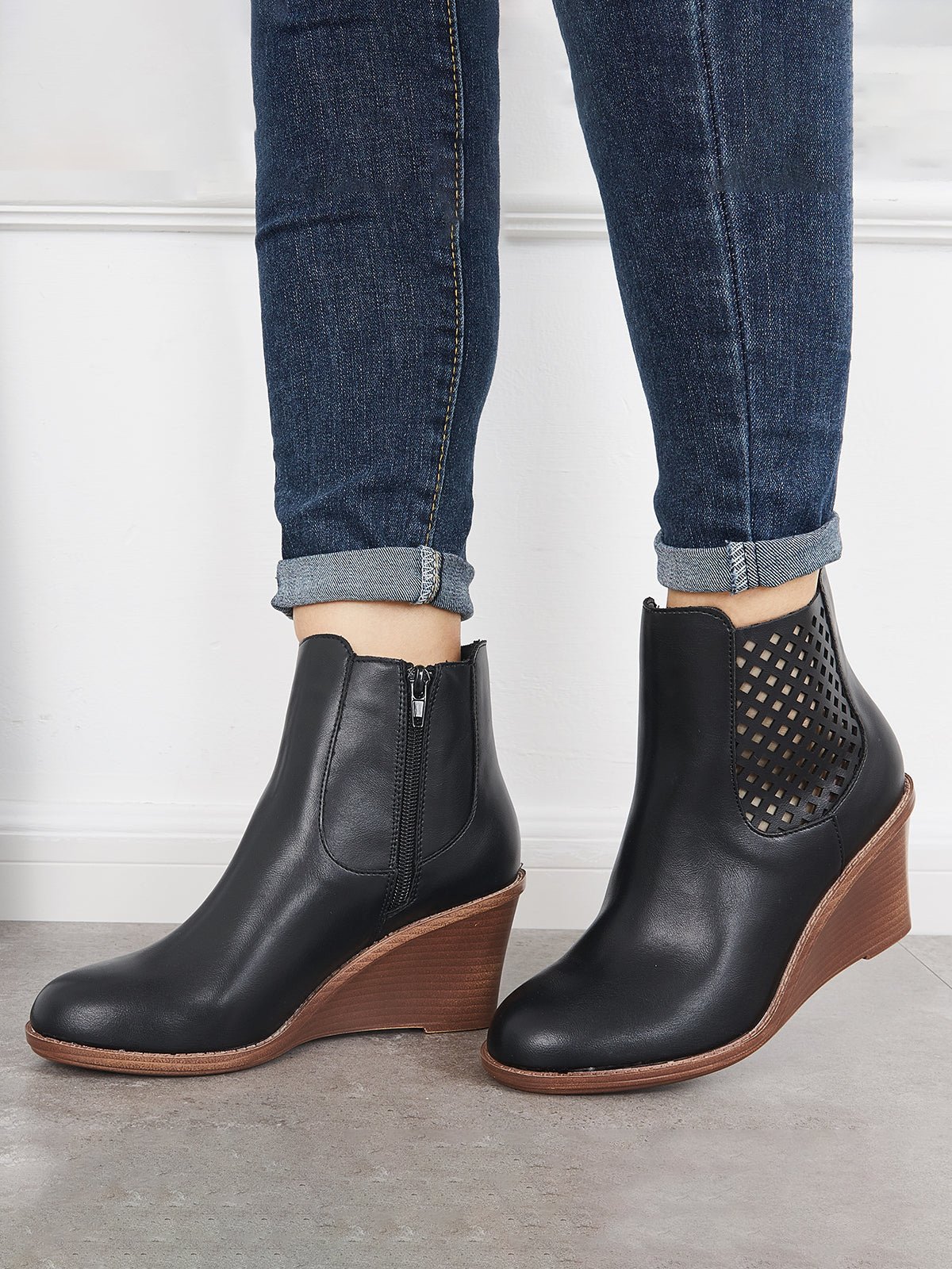 Hollow Side Zip Stacked Wedge Heel  Ankle Boots