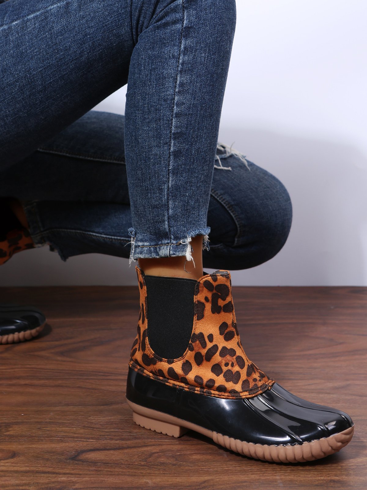 Leopard Plain Plush Warm Panel Waterproof Duck Bean Boots
