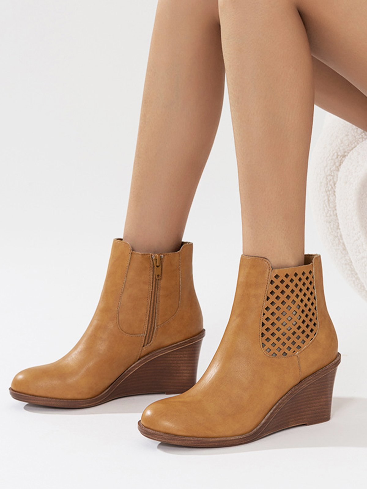 Hollow Side Zip Stacked Wedge Heel  Ankle Boots