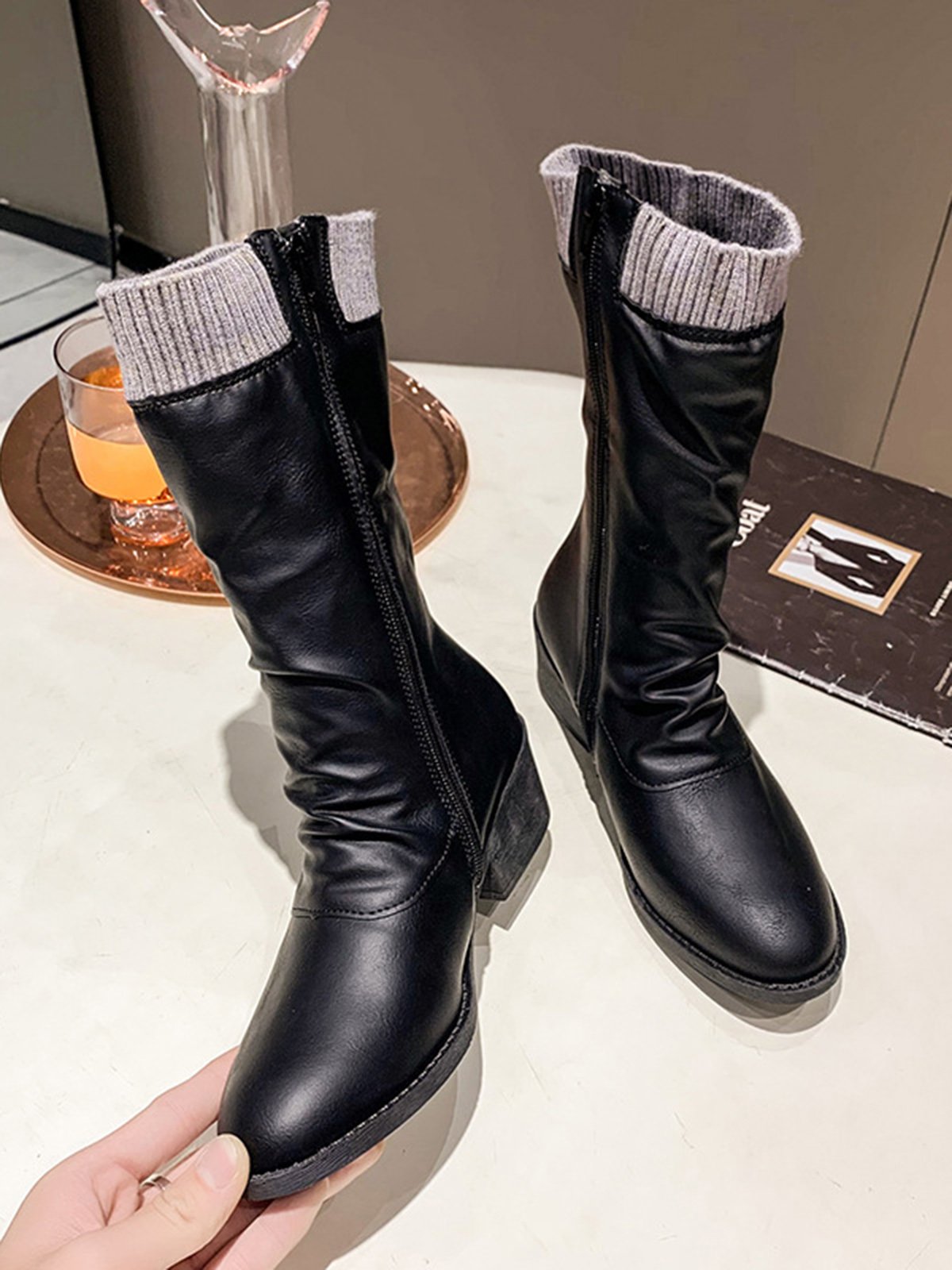 Vintage Wool Knitting Stitching Pleated Synthetic Leather Thick Heel Boots