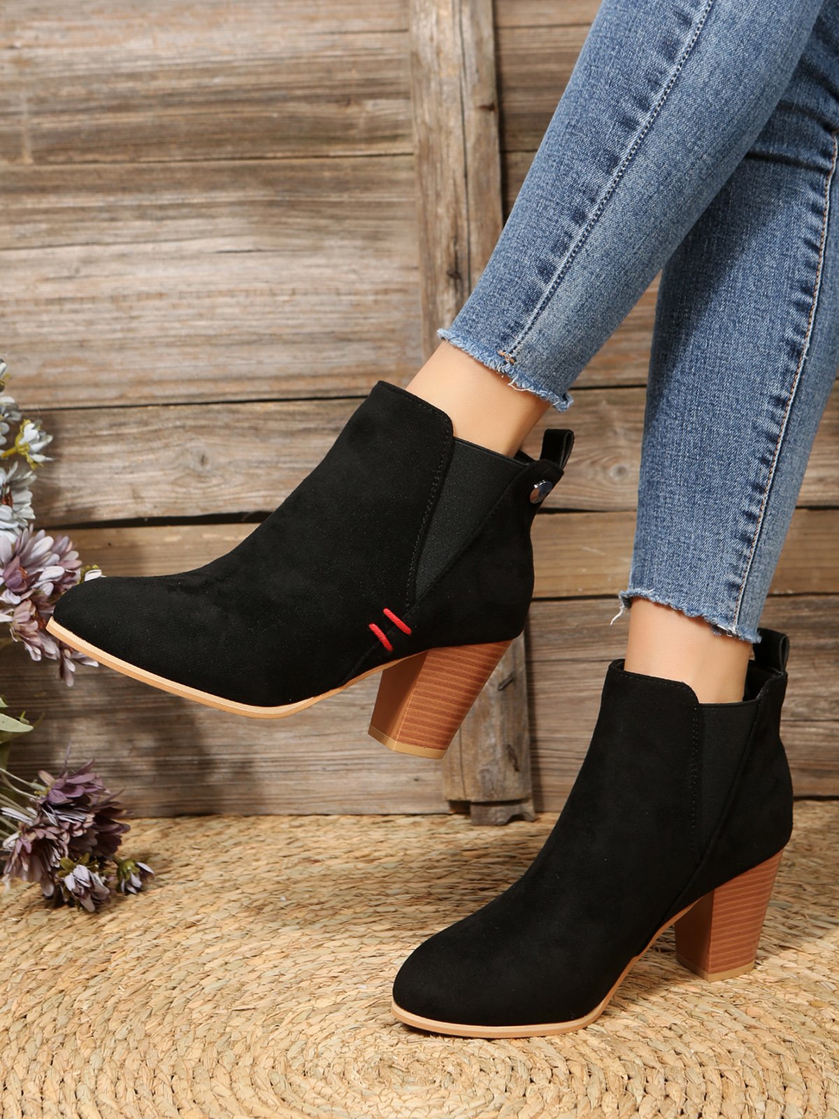 Red Stitched Black Suede Chunky Heel Chelsea Boots