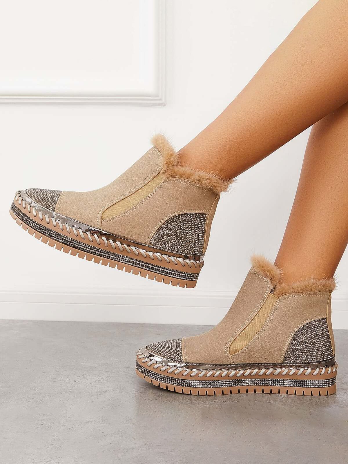 Rhinestone Split Joint Warm Fur Lined Slip on Ankle Boots