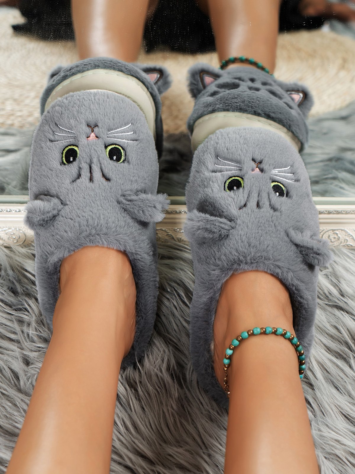 Cartoon Cat Design Embroidered Fuzzy Novelty Slippers