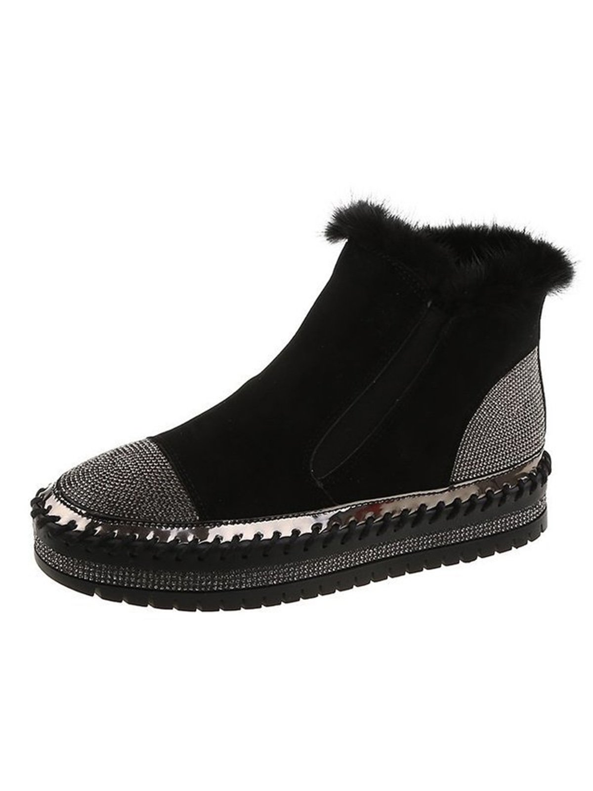 Rhinestone Split Joint Warm Fur Lined Slip on Ankle Boots