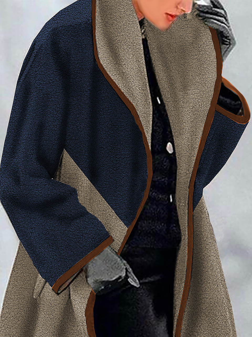 Color Block Loose Shawl Collar Teddy Jacket