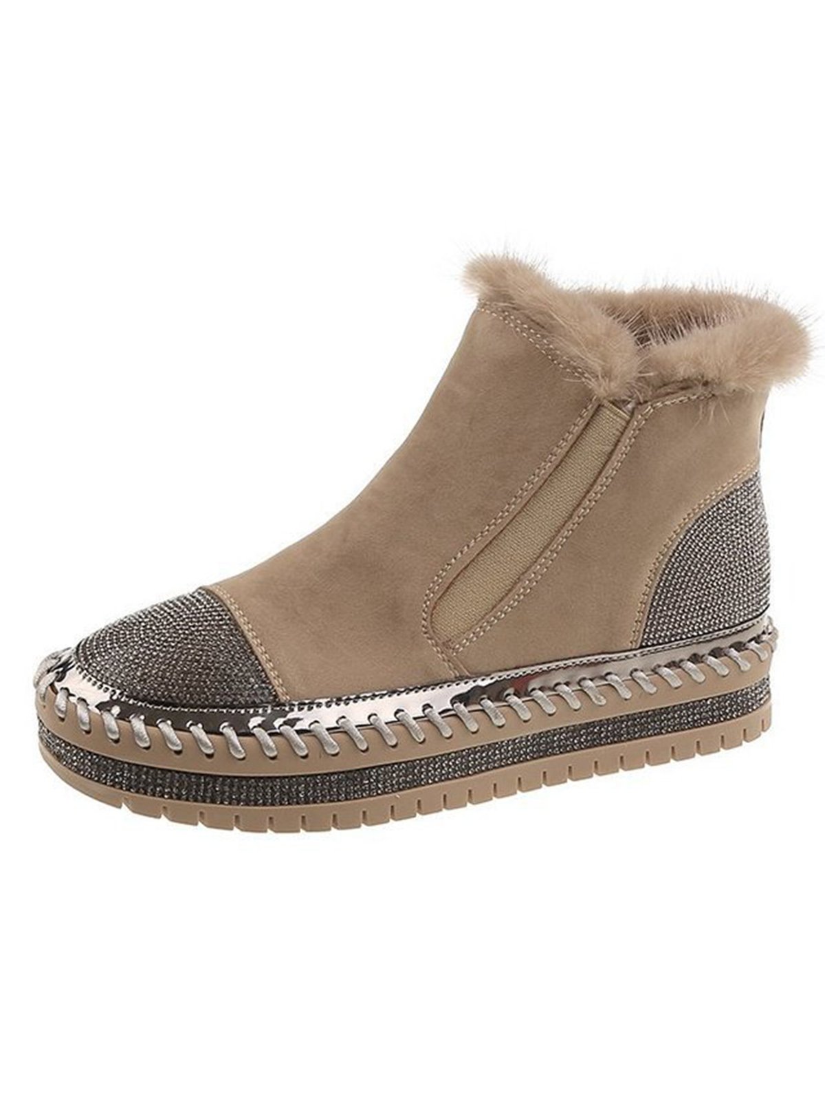 Rhinestone Split Joint Warm Fur Lined Slip on Ankle Boots