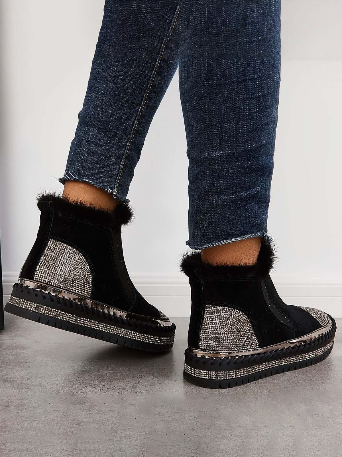Rhinestone Split Joint Warm Fur Lined Slip on Ankle Boots