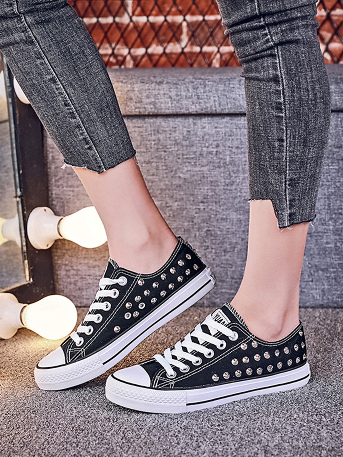 Rhinestone Lace-up Canvas Sneakers