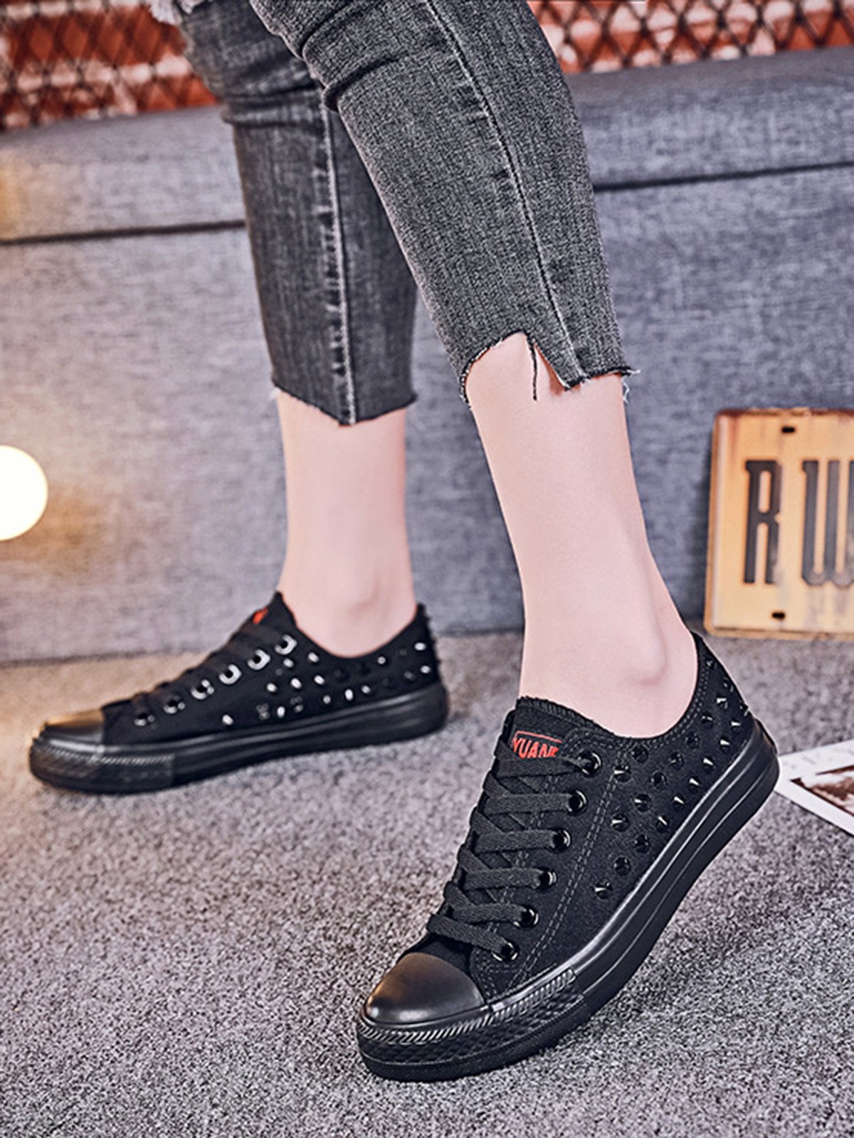 Rhinestone Lace-up Canvas Sneakers