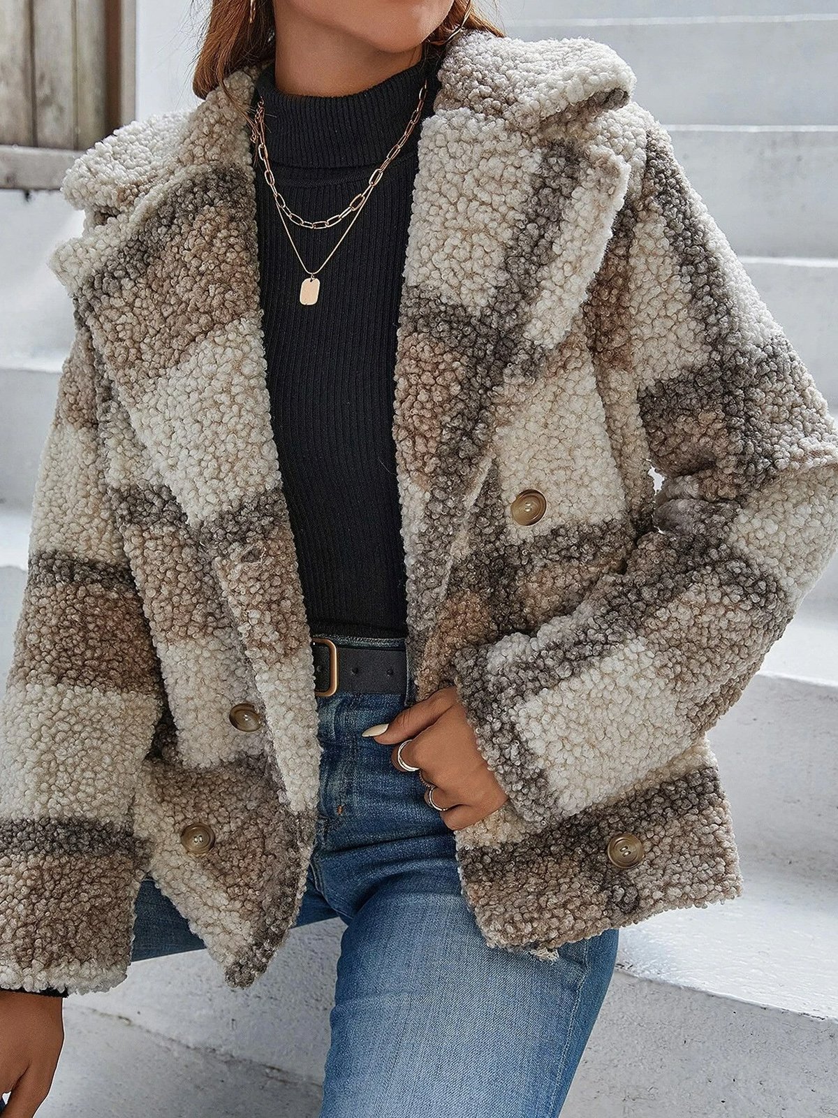 Casual Buckle Plaid Shawl Collar Teddy Jacket