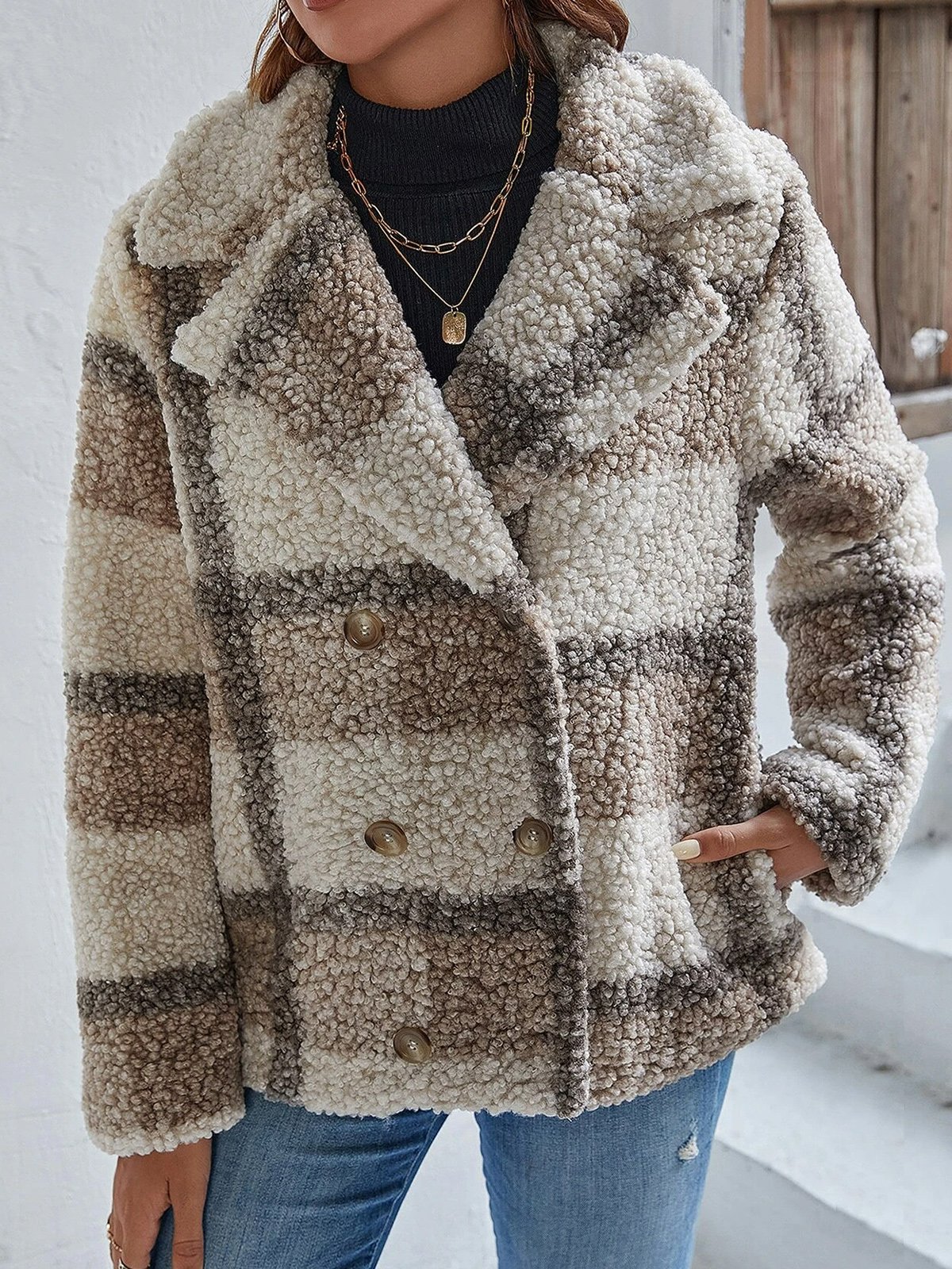 Casual Buckle Plaid Shawl Collar Teddy Jacket