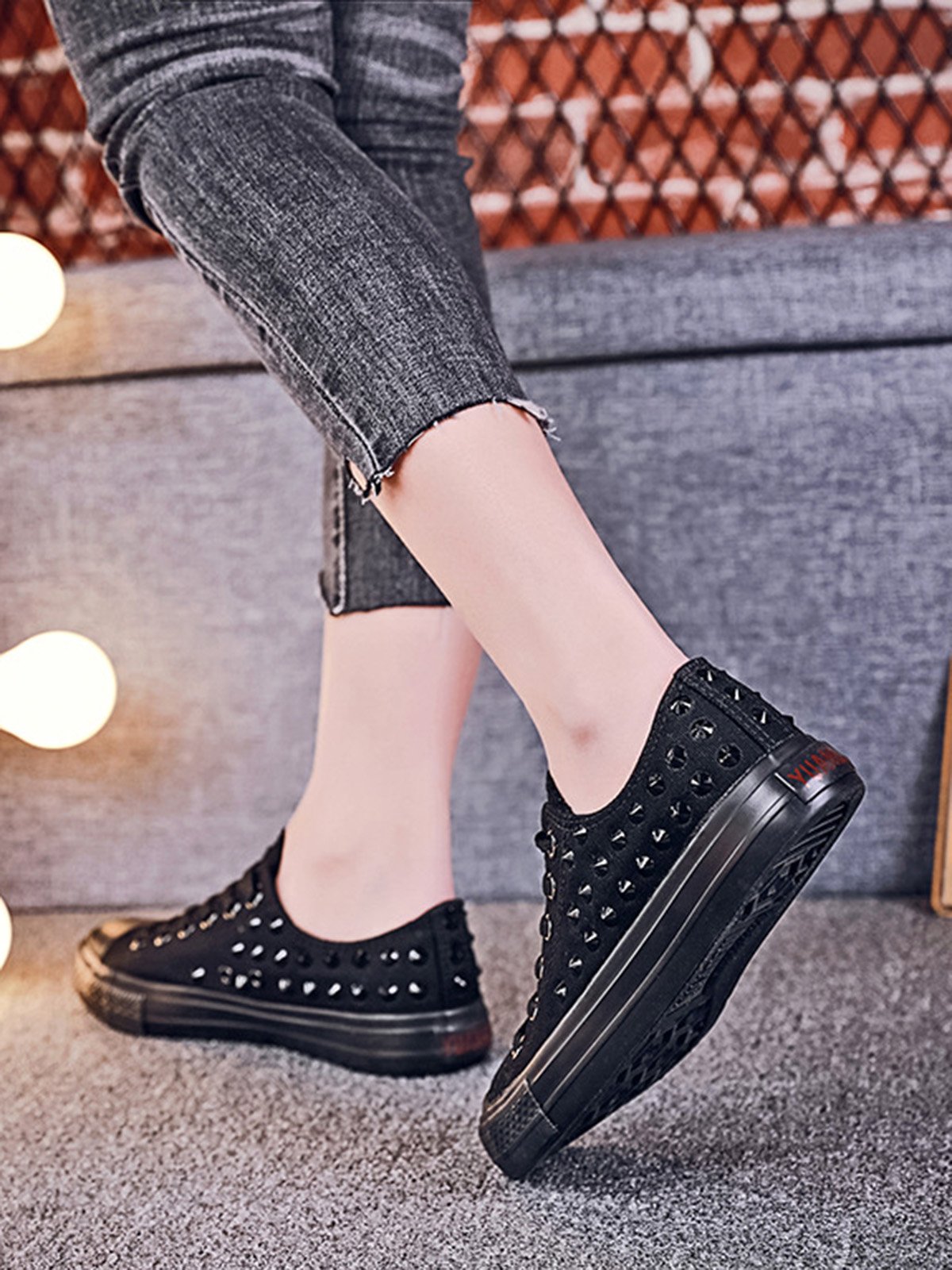 Rhinestone Lace-up Canvas Sneakers