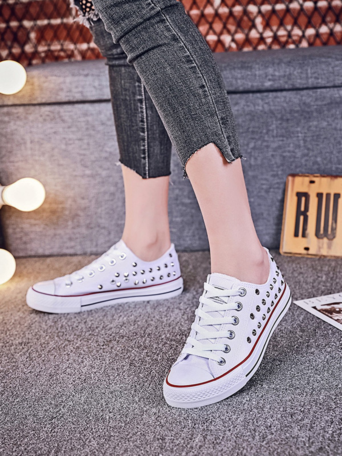 Rhinestone Lace-up Canvas Sneakers