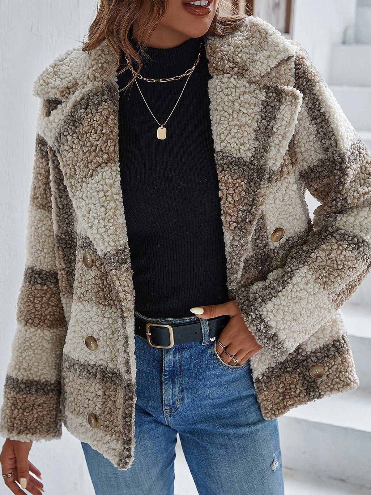 Casual Buckle Plaid Shawl Collar Teddy Jacket