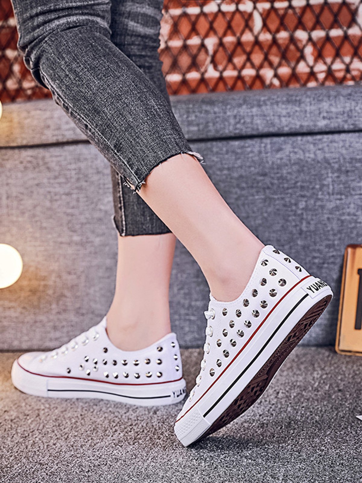 Rhinestone Lace-up Canvas Sneakers