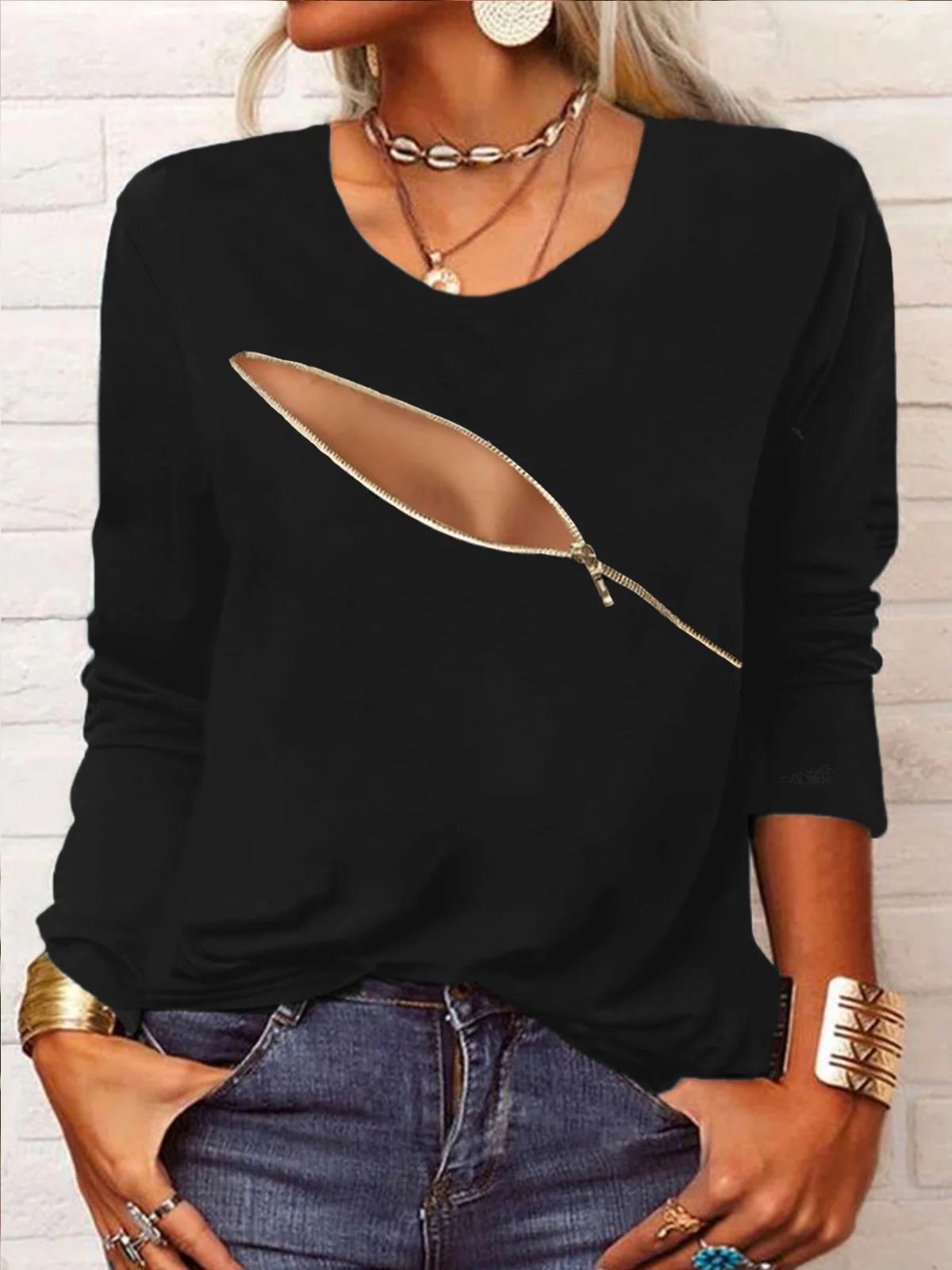 Long sleeve Crew Neck Zipper Casual T-Shirt