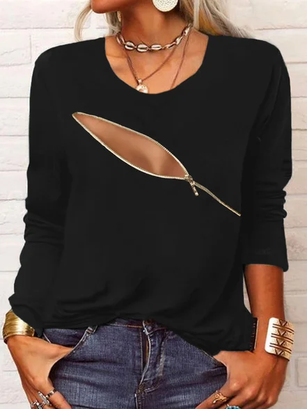 Long sleeve Crew Neck Zipper Casual T-Shirt