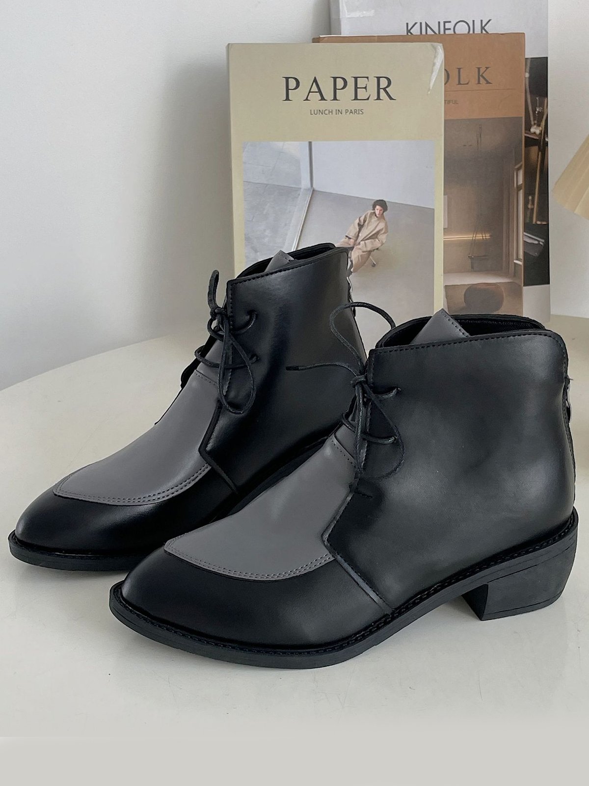Comfortable Soft Leather Colorblock Lace-Up Pointed Toe Chukkas Booties