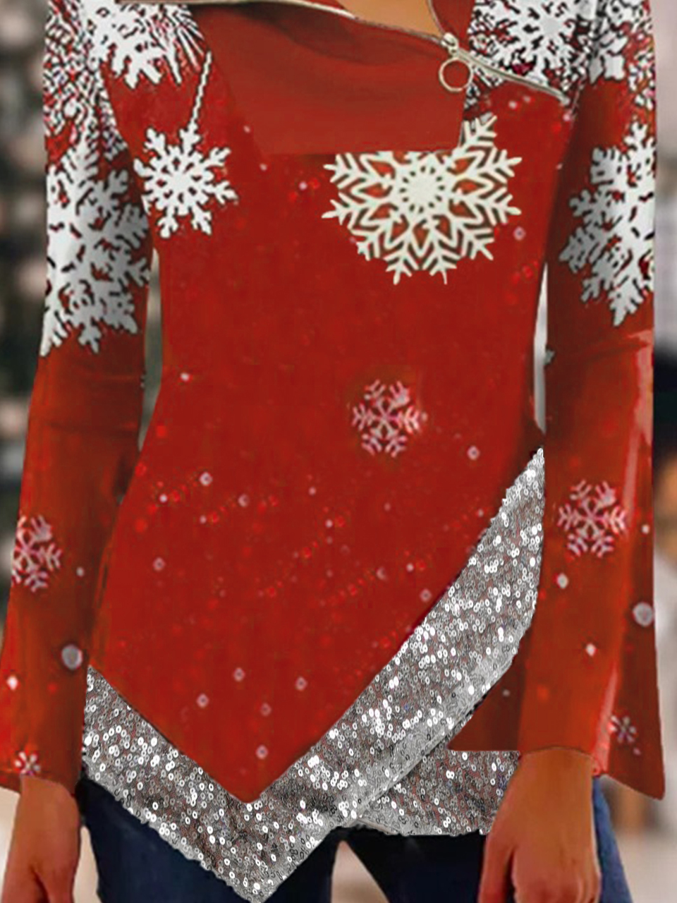 Long Sleeve Christmas Snowflake Pattern Zipper Shawl Collar Casual Tunic Top