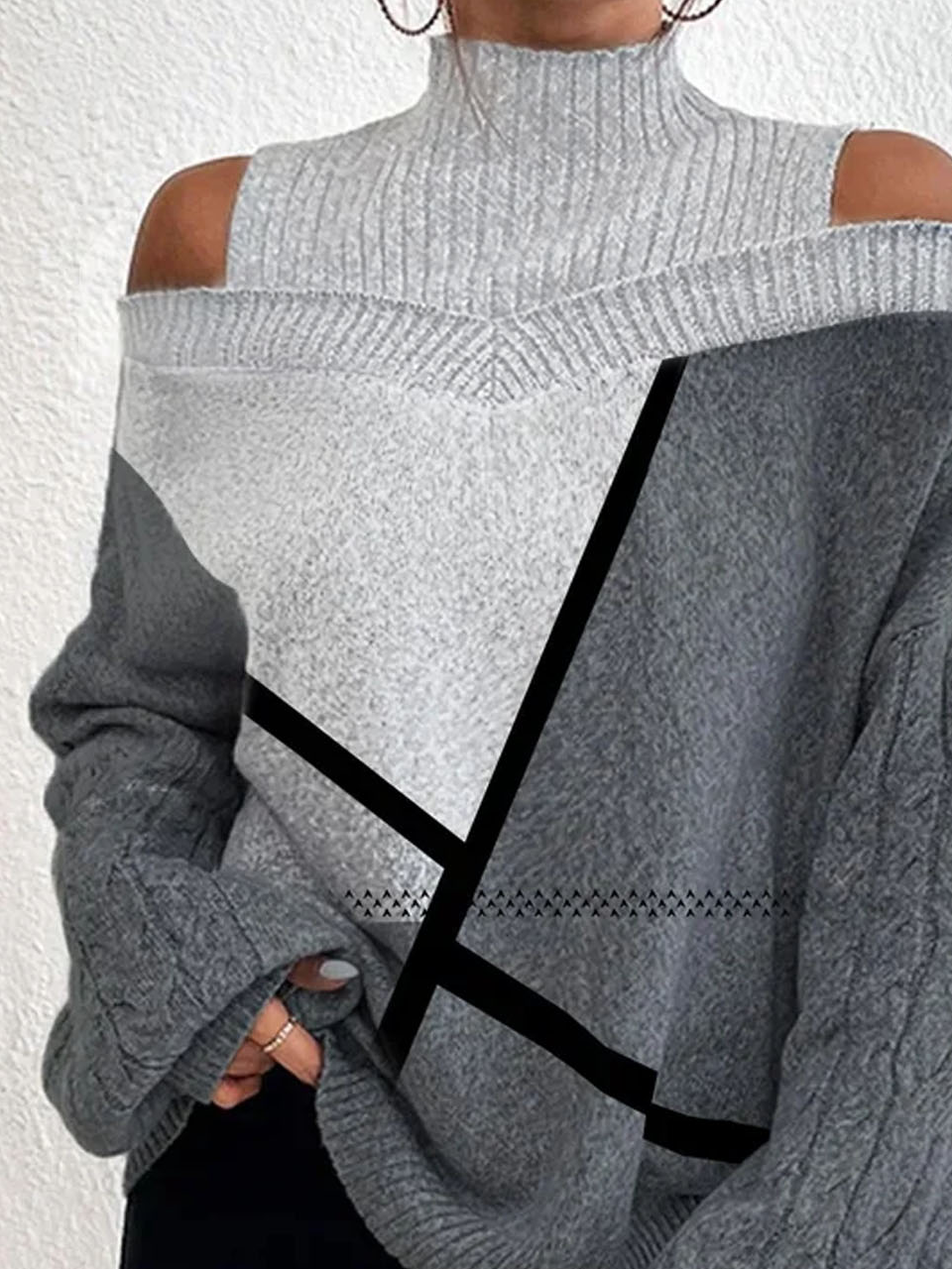 Loose Geometric Turtleneck Cold Shoulder Wool/Knitting Jumper
