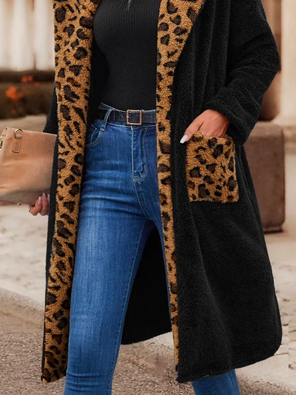 Lapel Collar Leopard Casual Teddy Jacket