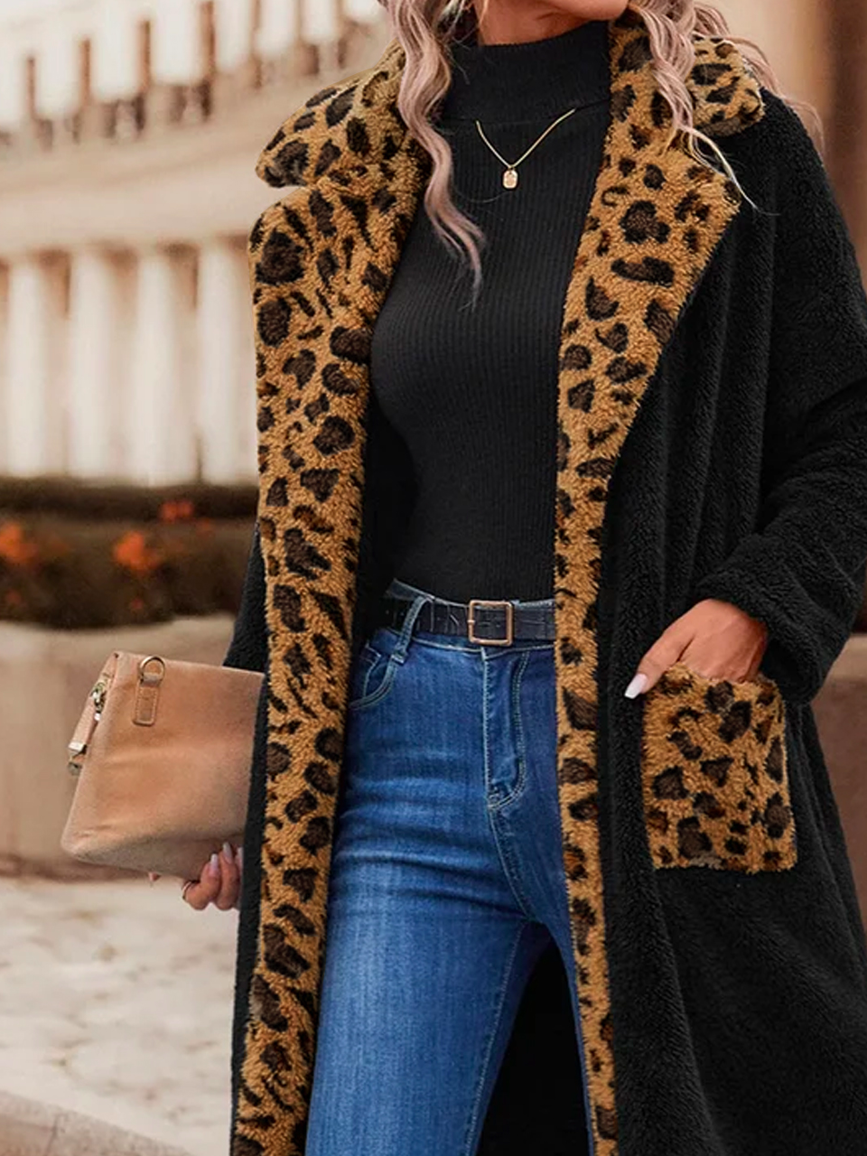 Lapel Collar Leopard Casual Teddy Jacket