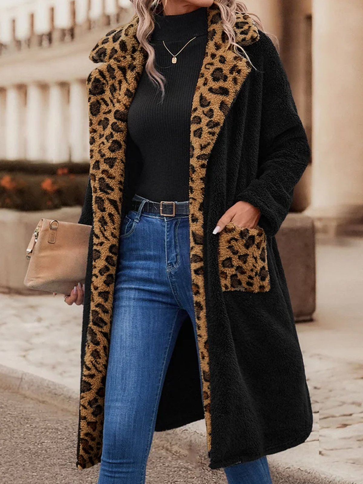 Lapel Collar Leopard Casual Teddy Jacket