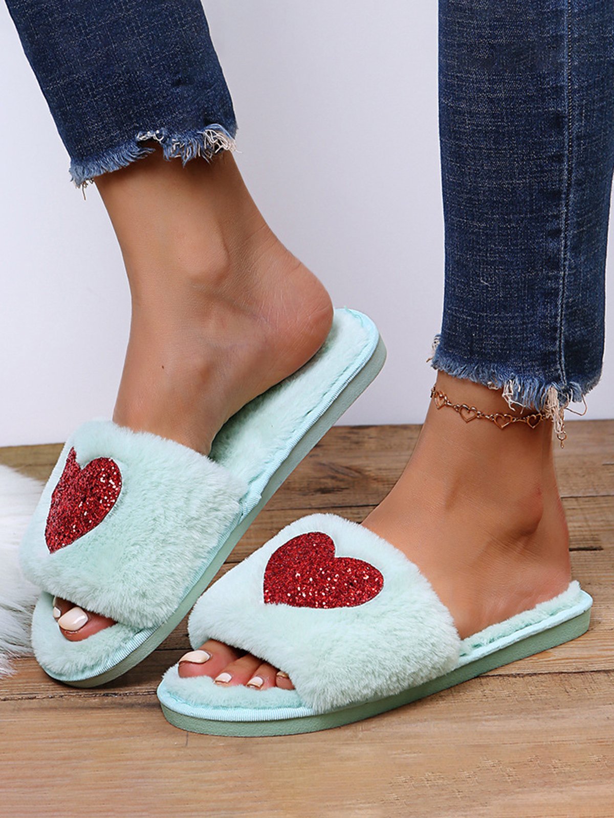Heart Glitter Decor Fluffy Open-Top Slippers