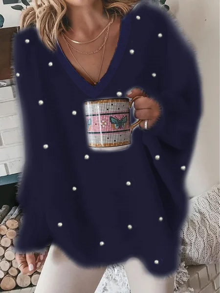 V Neck Casual Plain Pearl Fuzzy Jumper