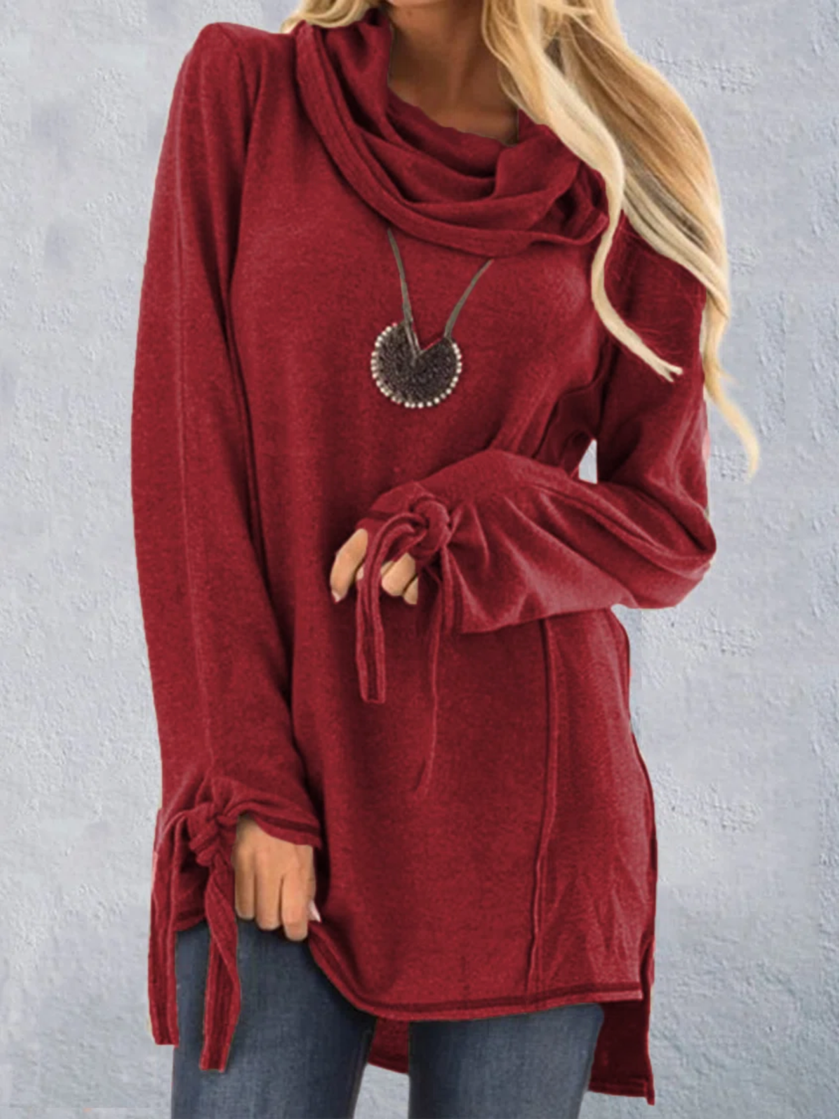 Casual Solid Cotton Cowl Neck Sweaters