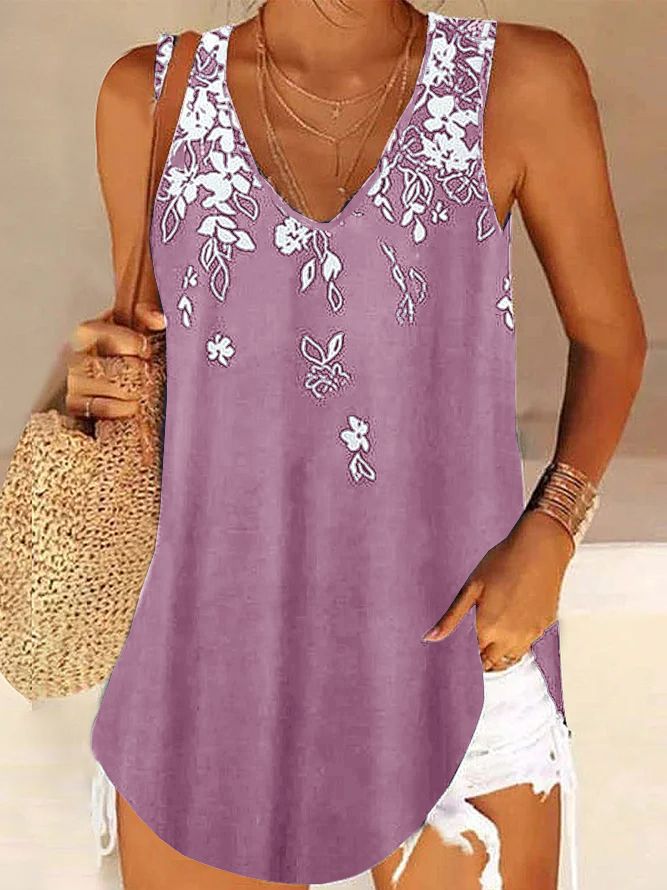Fit V Neck Floral Casual Tank & Cami