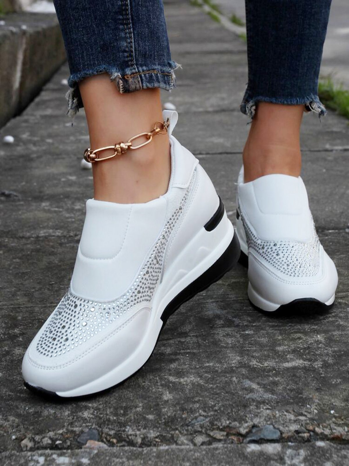 Plus Size Casual Rhinestone Slip On Wedge Sneakers