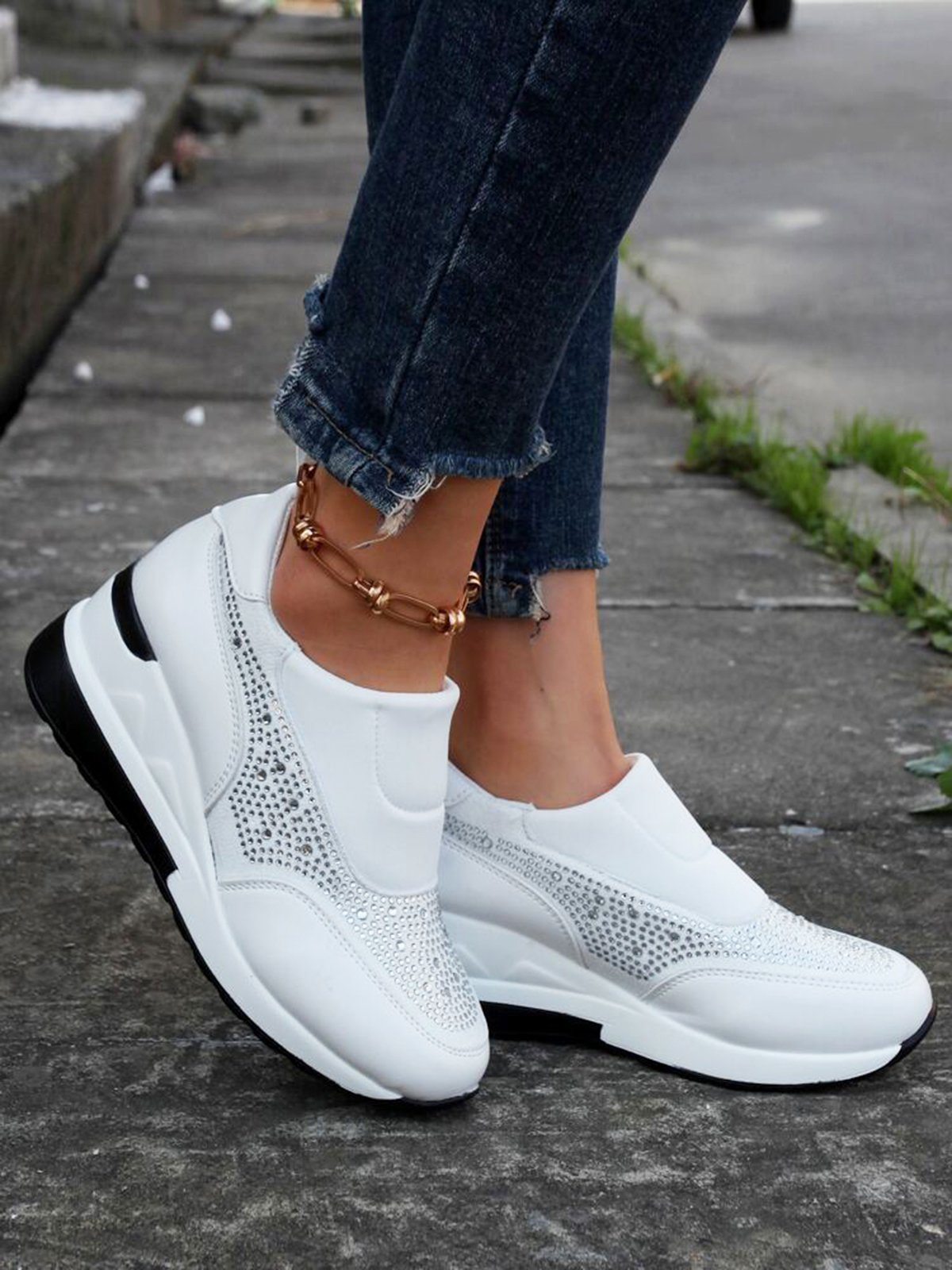 Plus Size Casual Rhinestone Slip On Wedge Sneakers