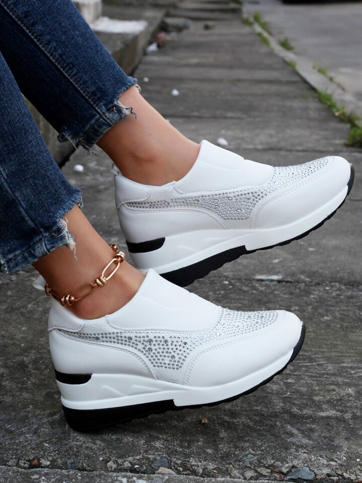 Plus Size Casual Rhinestone Slip On Wedge Sneakers