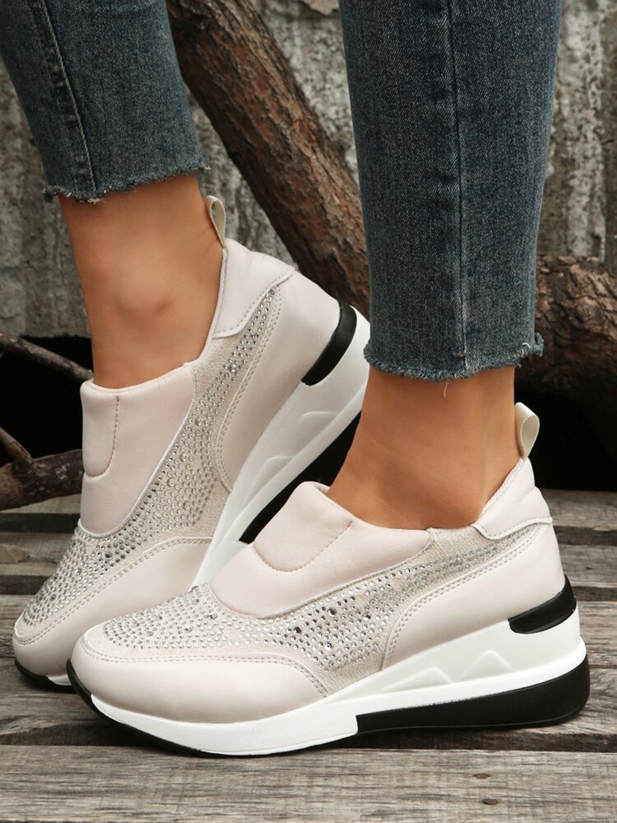 Plus Size Casual Rhinestone Slip On Wedge Sneakers