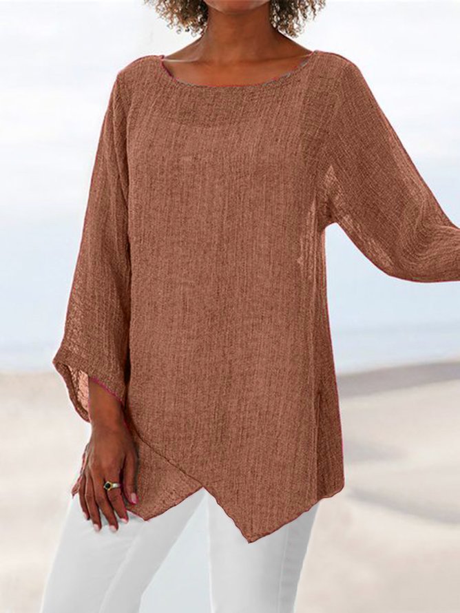 Casual Crew Neck Loose Cotton-Blend Causal Top