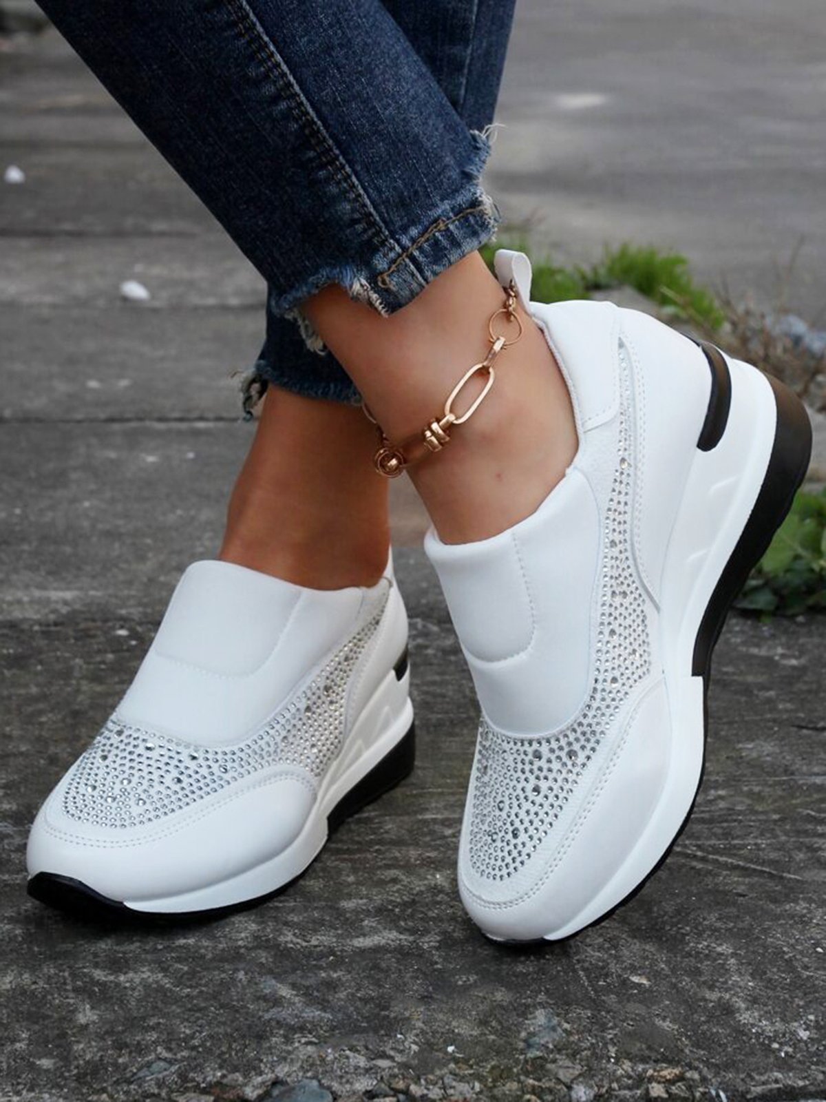 Plus Size Casual Rhinestone Slip On Wedge Sneakers