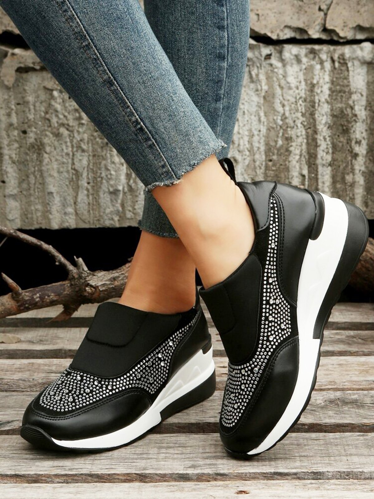 Plus Size Casual Rhinestone Slip On Wedge Sneakers