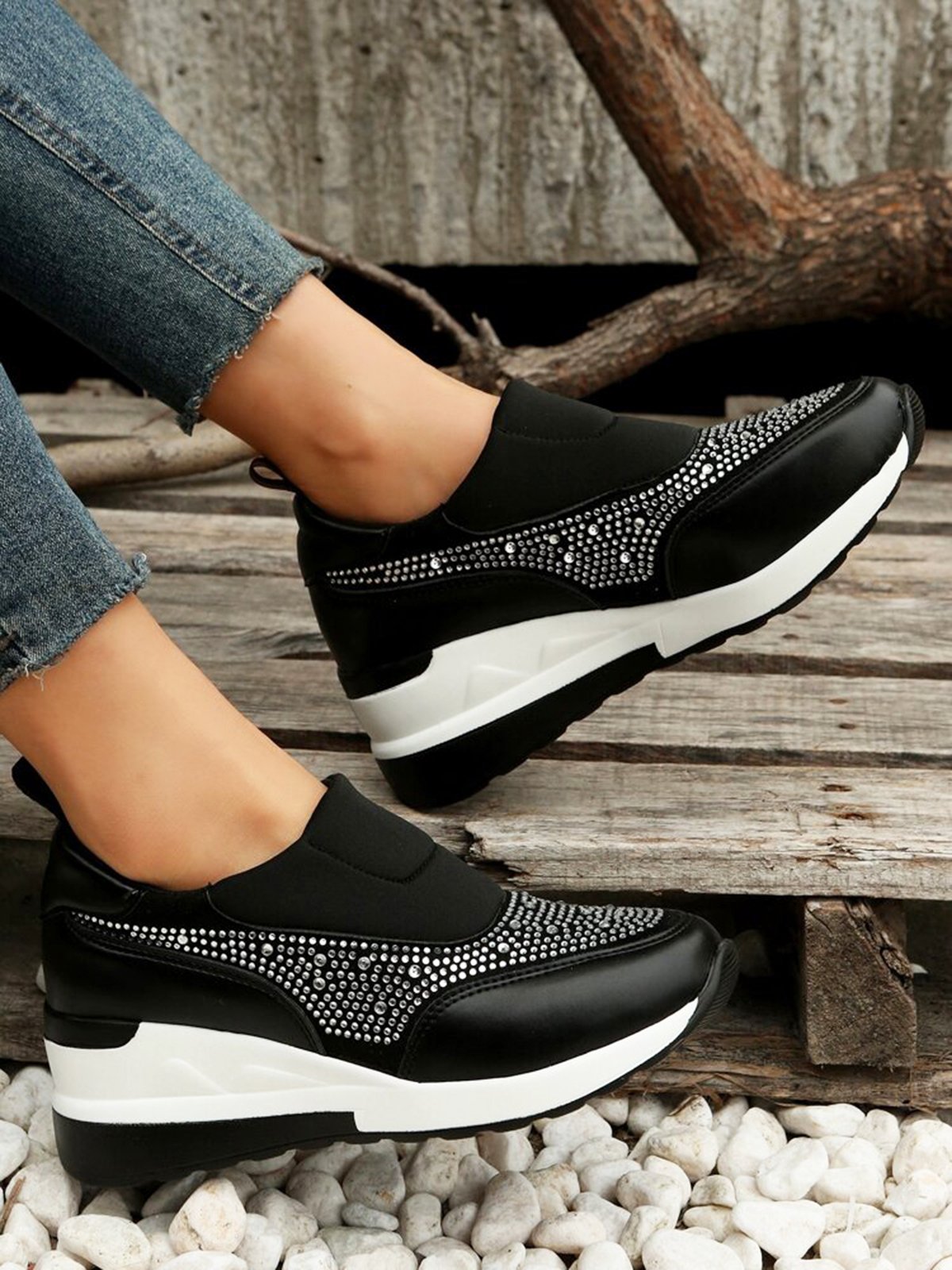 Plus Size Casual Rhinestone Slip On Wedge Sneakers