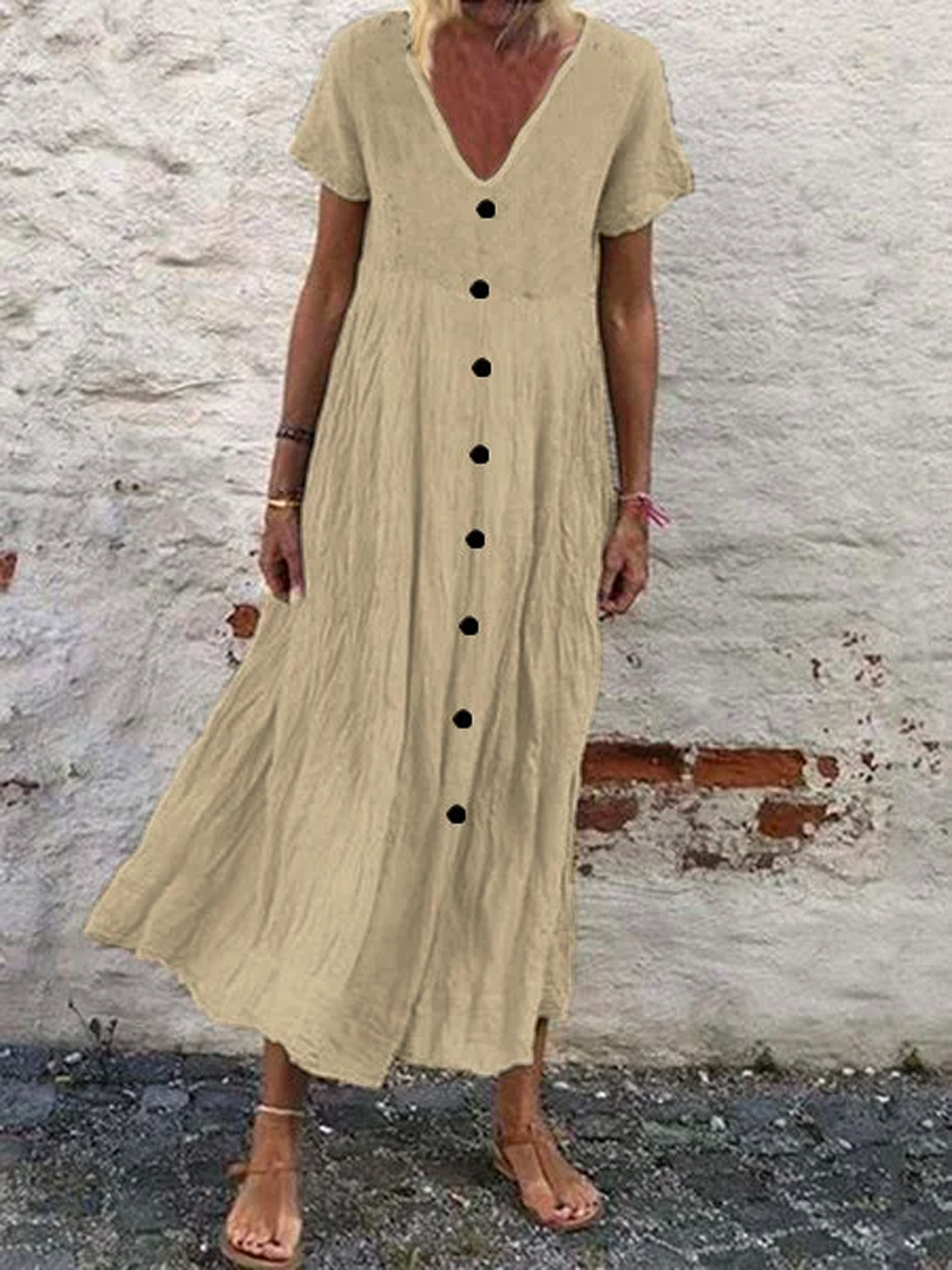 Loose Plain Cotton Casual Boho Dress