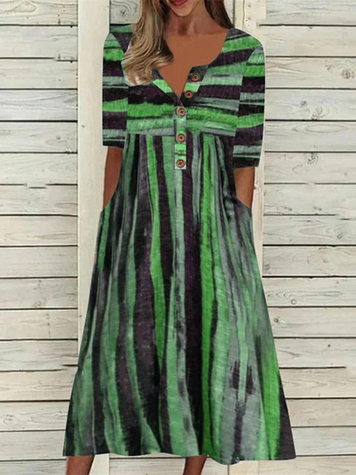 Striped Casual Autumn Buttoned Loose Polyester fibre Half sleeve Crew Neck T-Shirt Dress Dress for Women