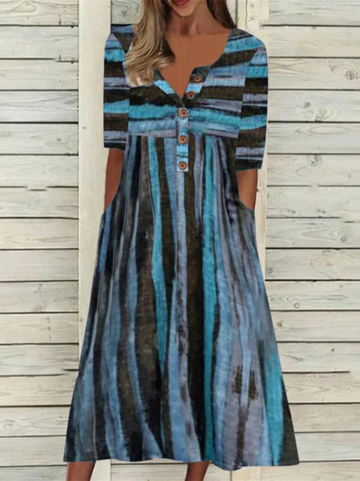 Striped Casual Autumn Buttoned Loose Polyester fibre Half sleeve Crew Neck T-Shirt Dress Dress for Women