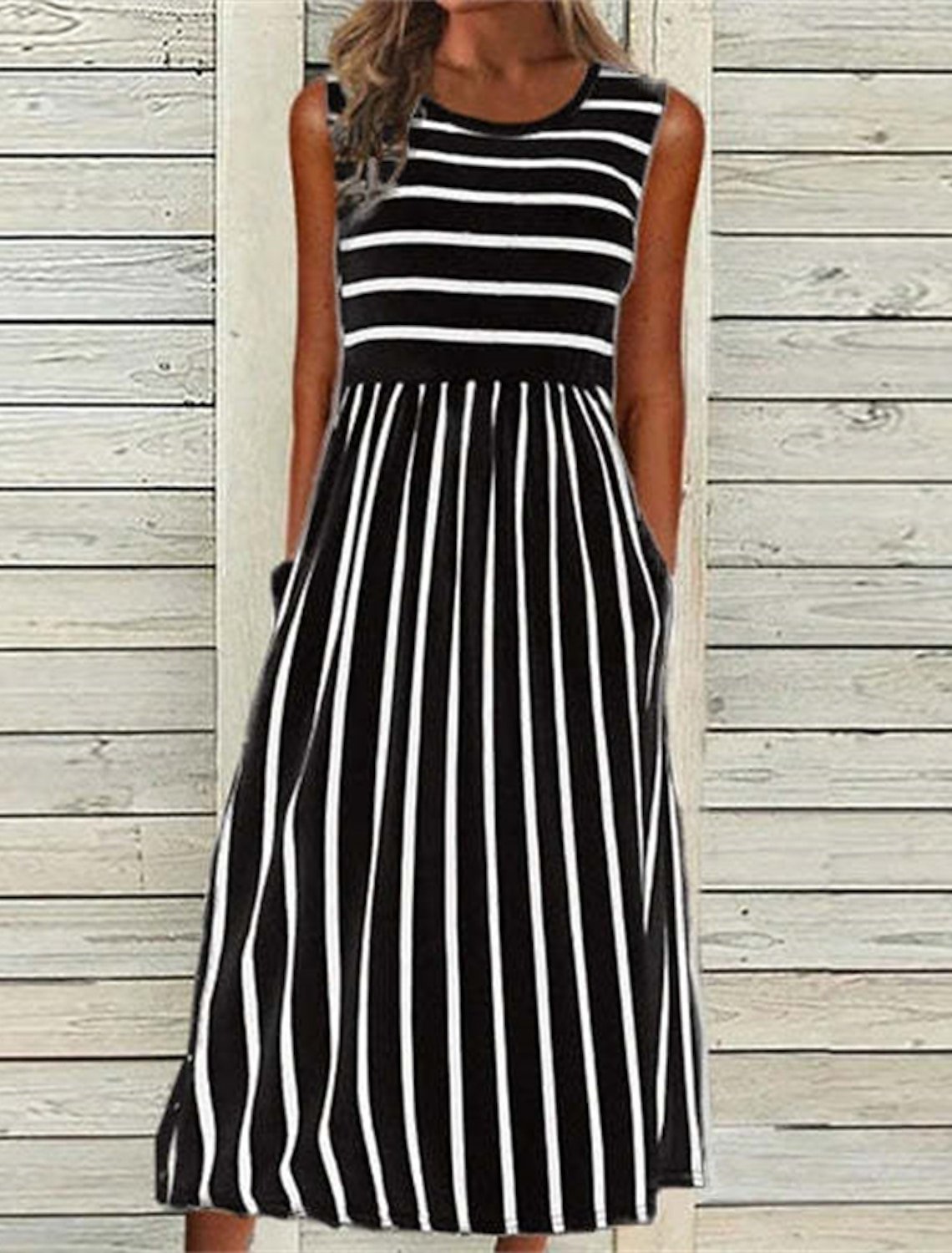 Jersey Casual Striped Crew Neck Midi
