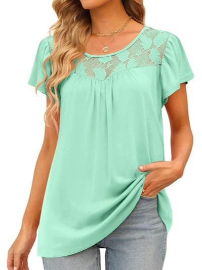 Floral Crew Neck Lace Short Sleeve Vacation Tunic Shirt