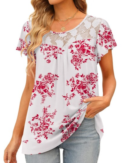 Floral Crew Neck Lace Short Sleeve Vacation Tunic Shirt