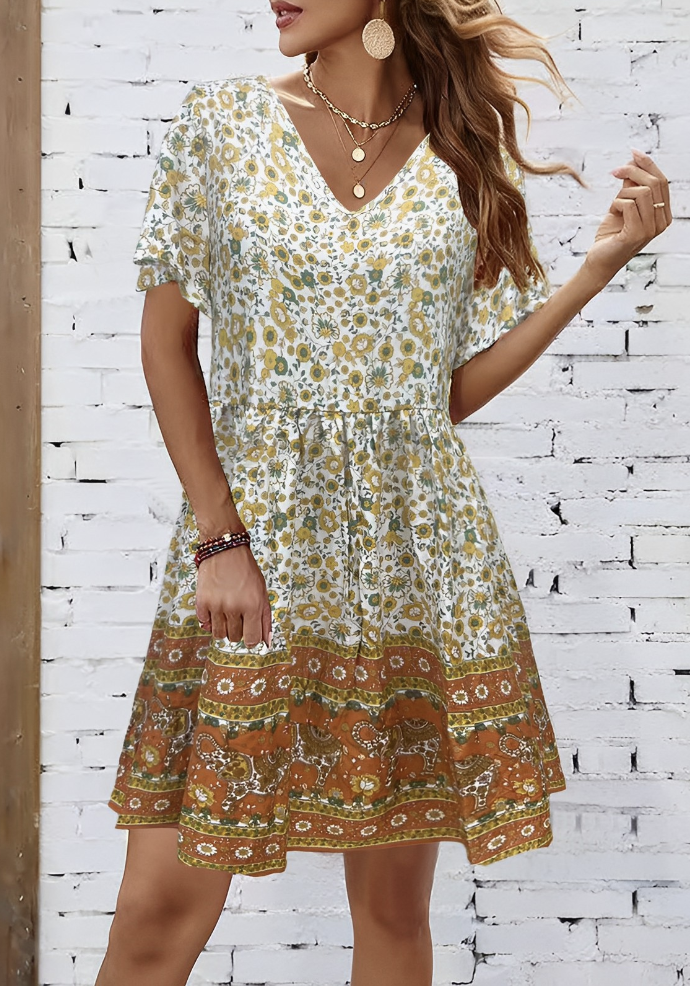 Loose Floral V Neck Vacation Dress With No