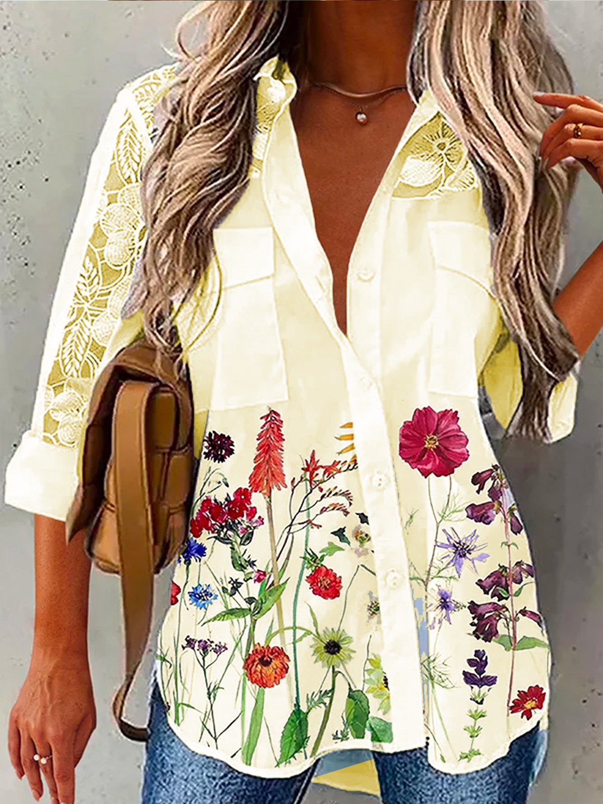 Loose Floral Shirt Collar Polyester Fibre Blouses